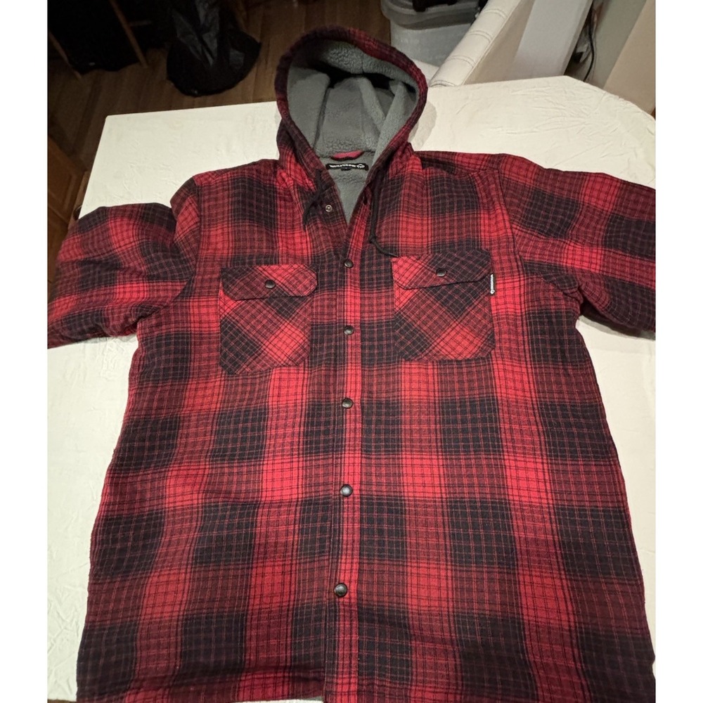 Wolverine Bucksaw Heavy Sherpa Lined Jacket Hood Red Black Plaid Pockets Large